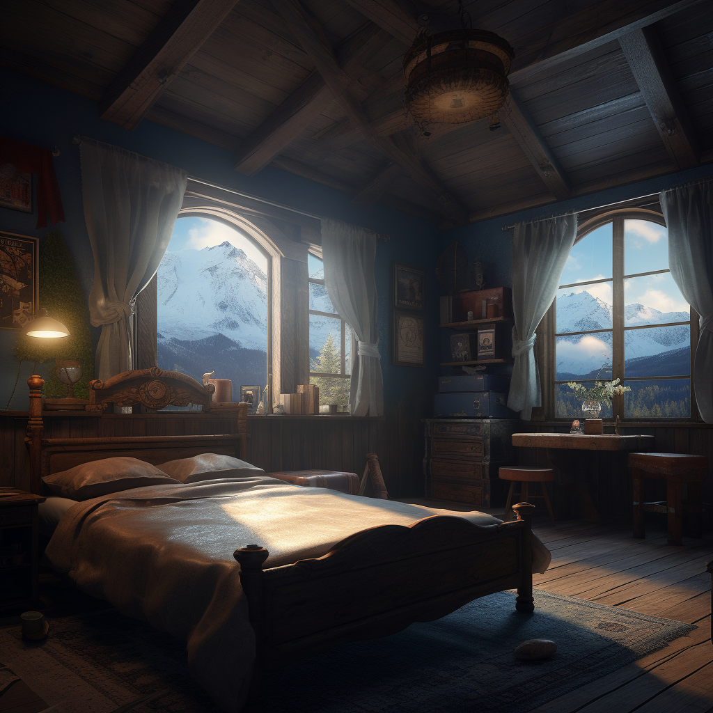 Cozy Nordic Mountain Town Bedroom in Timeless Fantasy World