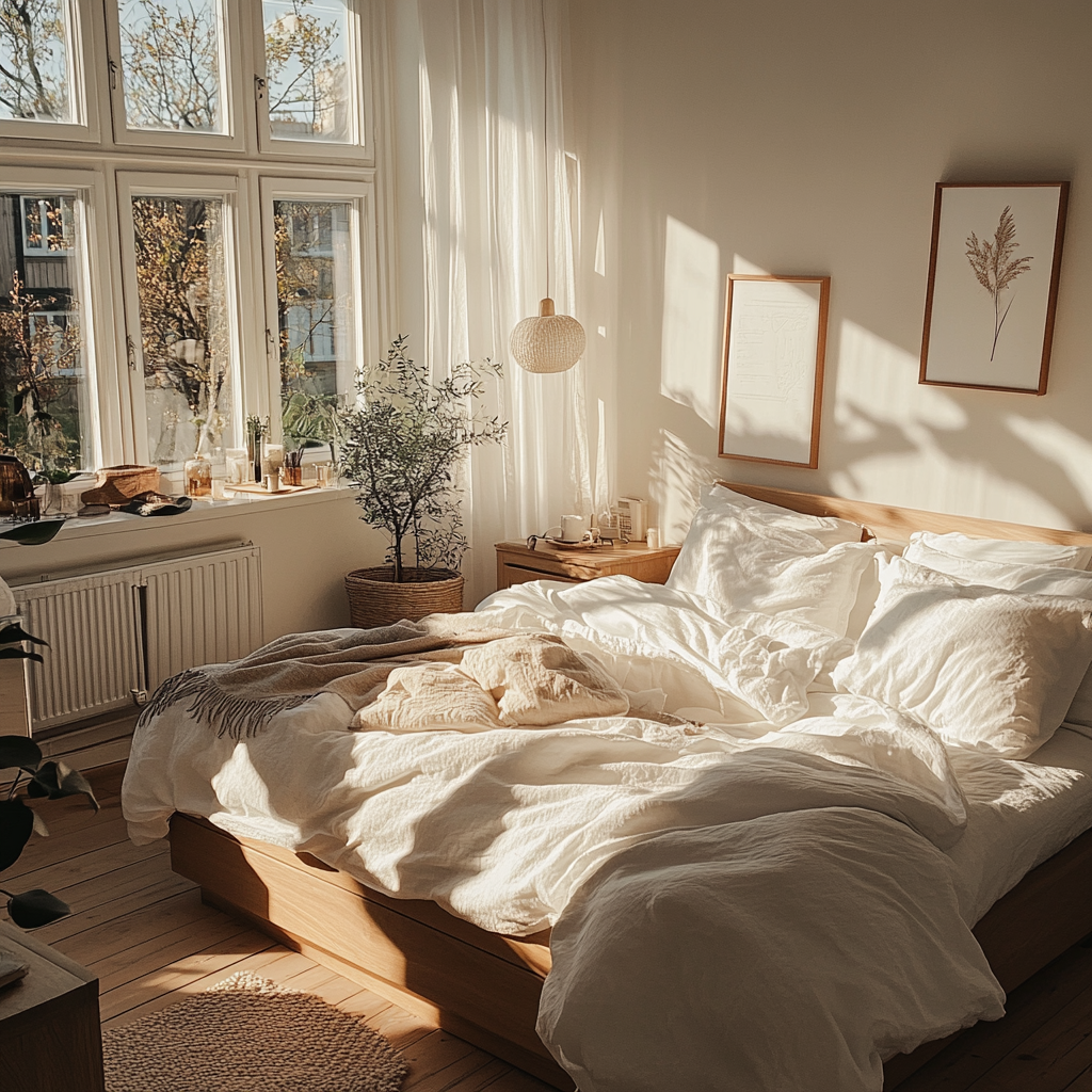 Cozy Nordic bedroom with light wooden furniture.