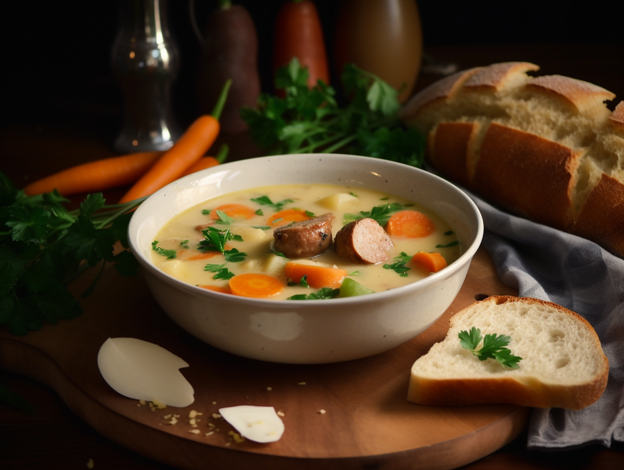 Cozy Potato and Sausage Soup in Rustic Setting