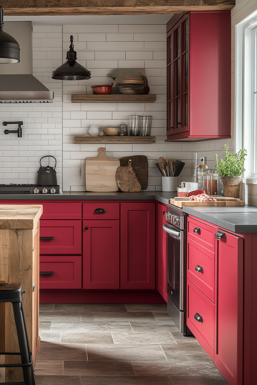 Cozy Red Kitchen with Wooden Table and Chairs