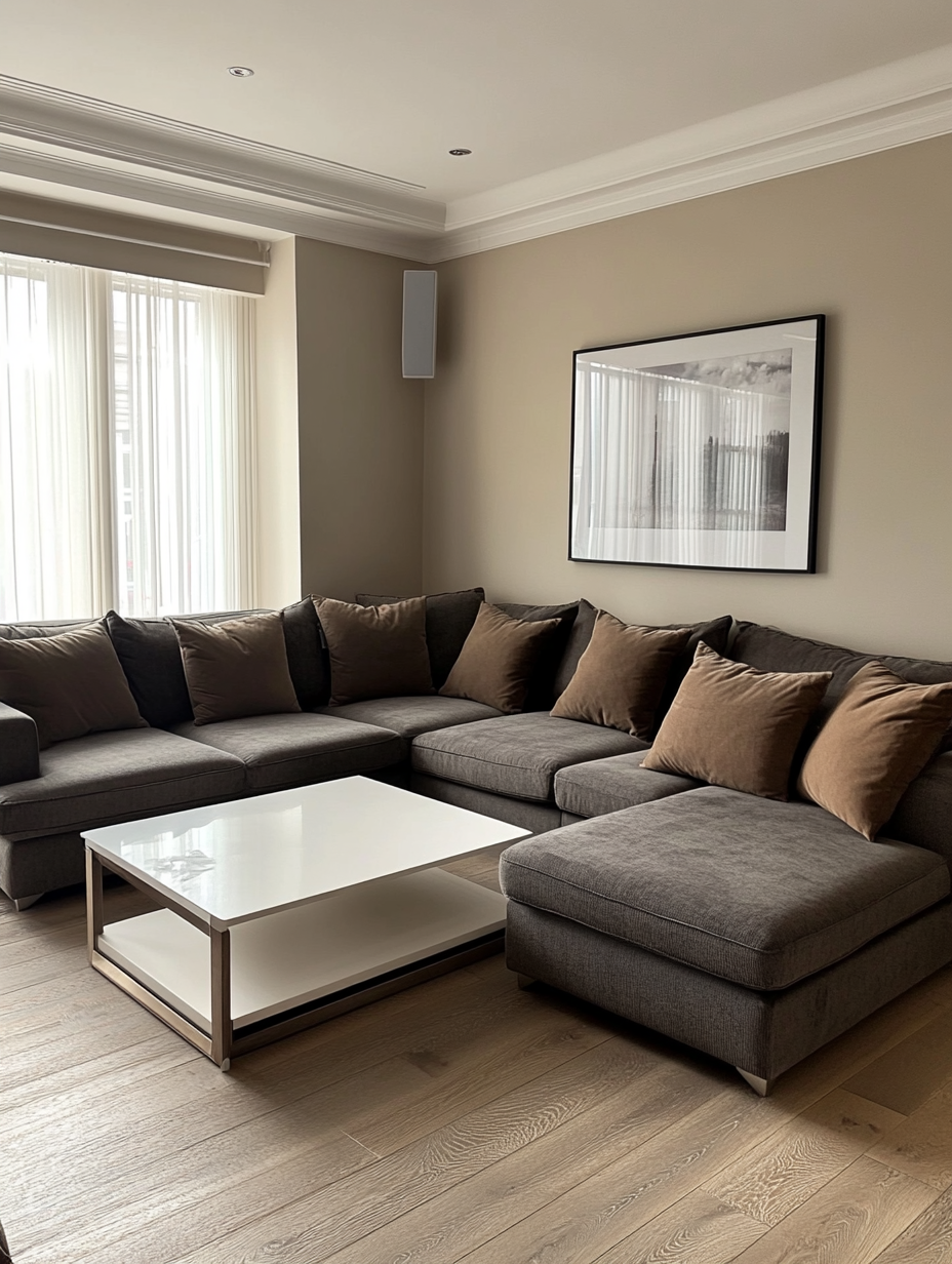 Cozy Scandinavian living room with grey sofa and table