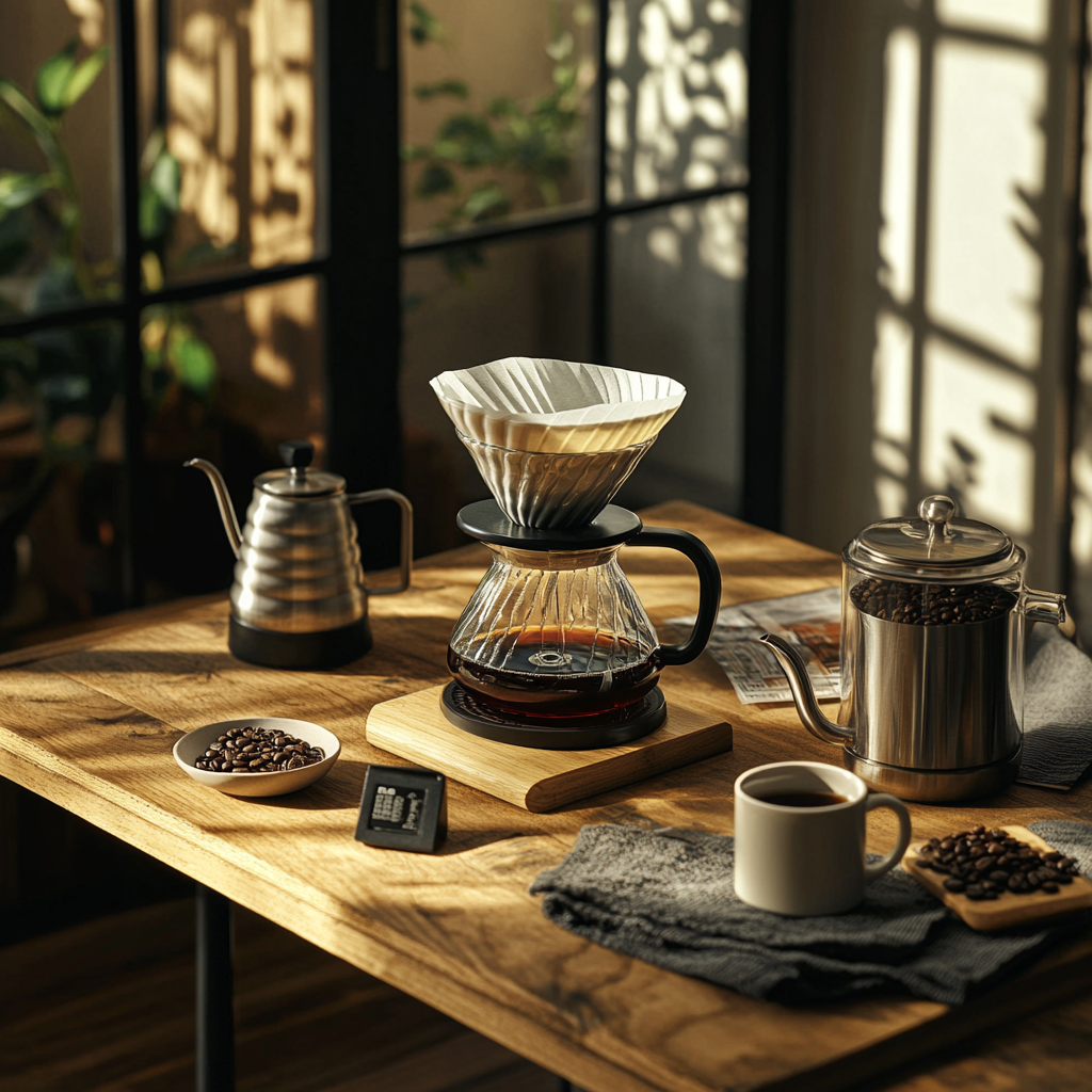 Cozy V60 coffee setup on wooden table