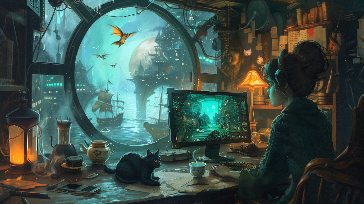 Fantasy Writer in Cozy Witch Laboratory with Magical Atmosphere