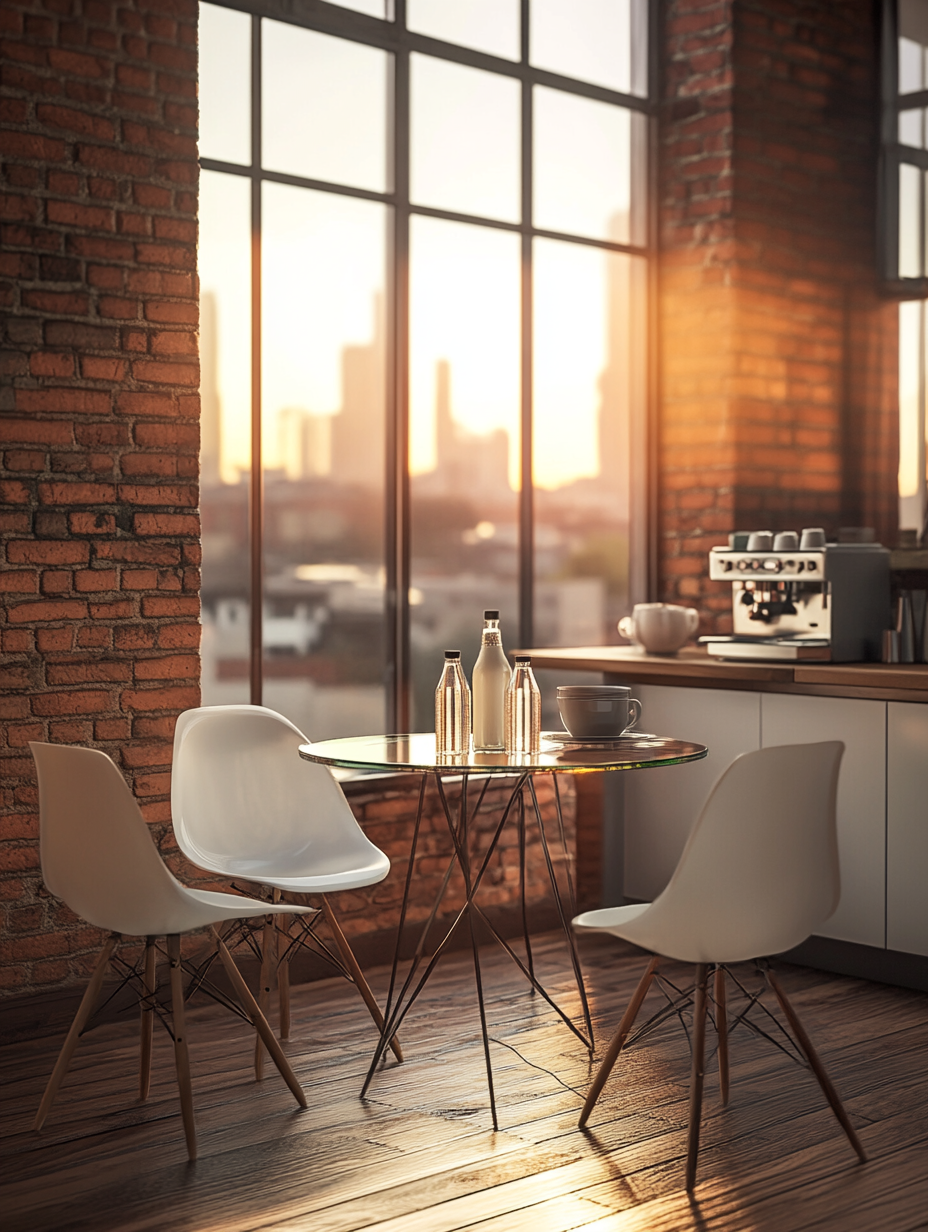 Cozy apartment kitchen with wooden floor and glass table