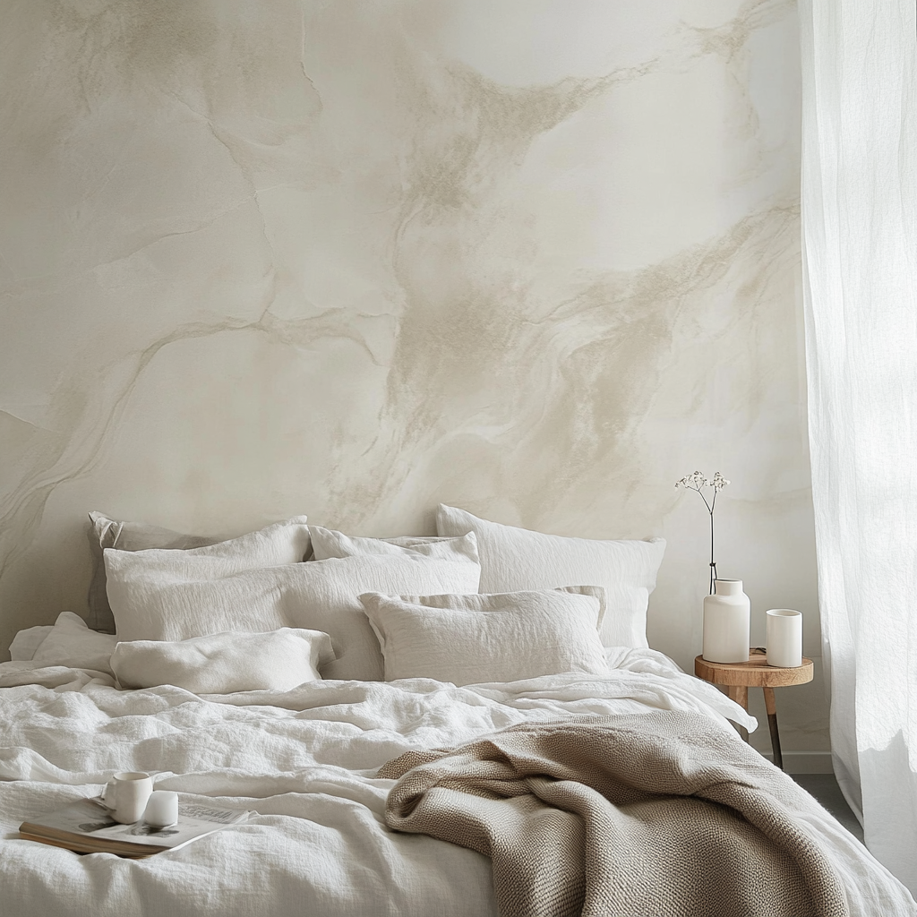 Cozy bedroom corner with warm, soft light.