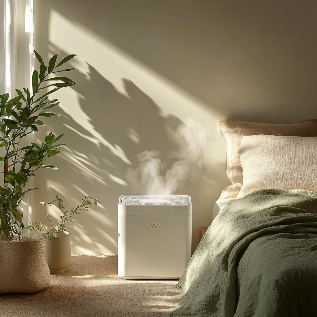 Cozy bedroom with air purifier and plant