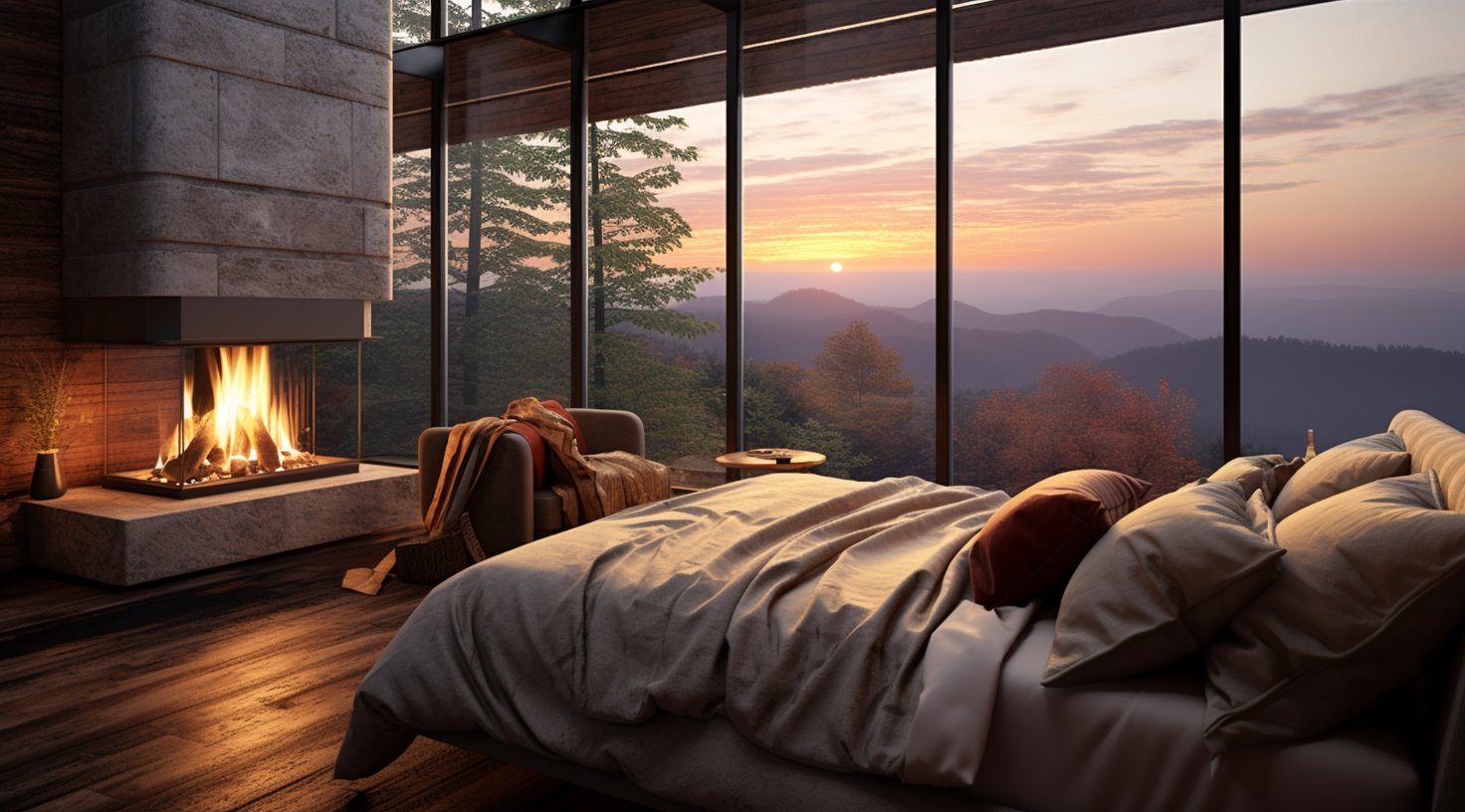 Cozy bedroom with fireplace, large windows, mountains view.