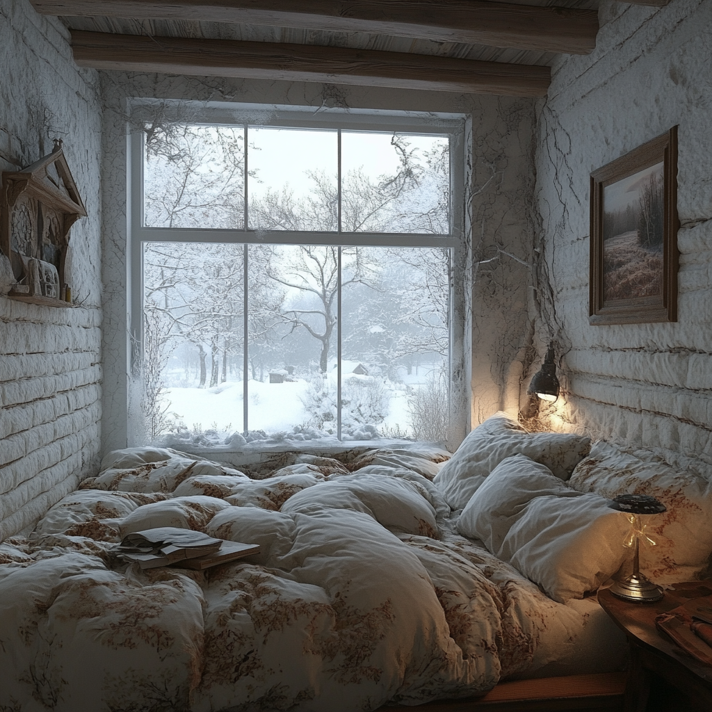 Cozy bedroom with messy bed and snowy view