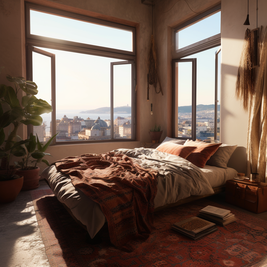 Cozy bedroom with panoramic view of Mediterranean city