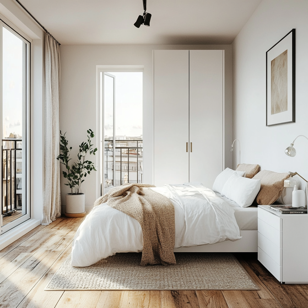 Cozy bedroom with white walls, wooden floor, natural light