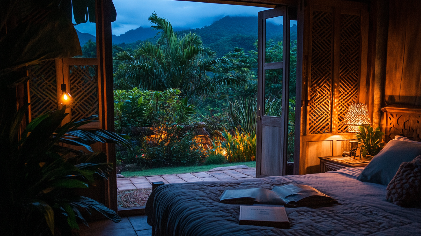 Cozy bedroom with wooden bed and warm lamps outside night.