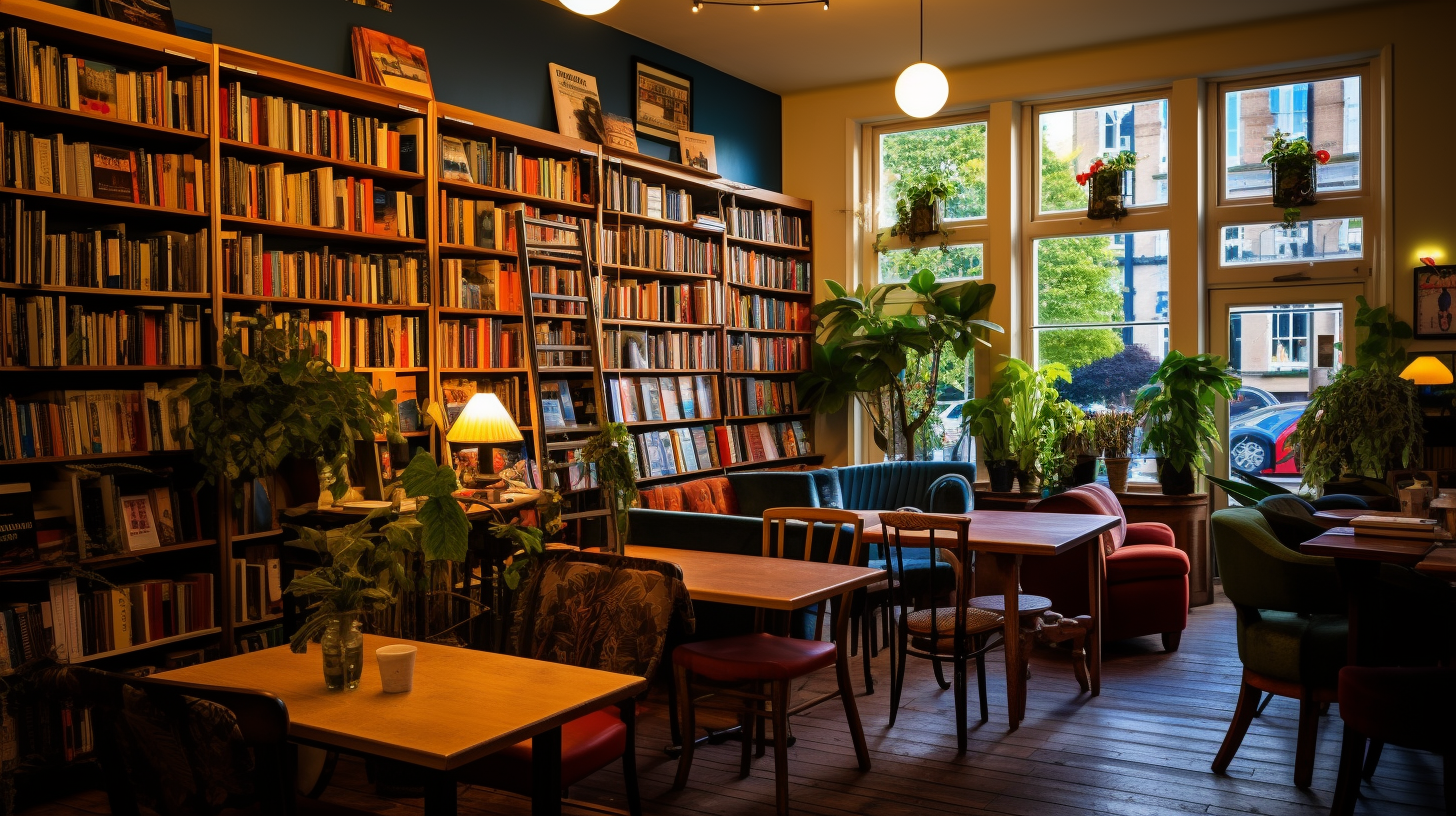 Cozy bookstore café with jazz music ambiance.