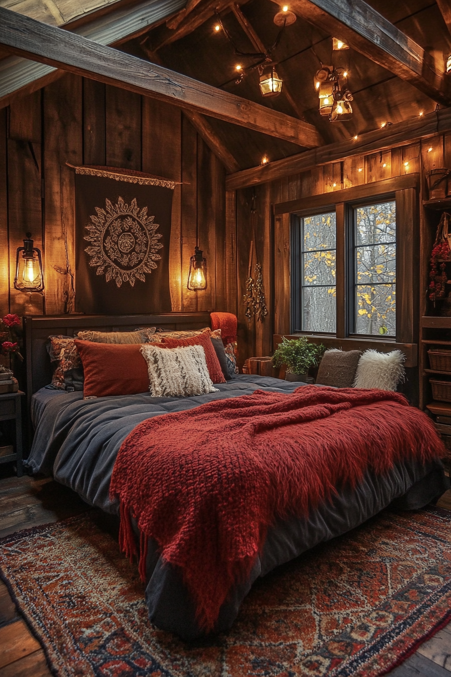 Cozy cabin bedroom with luxury bed and woodland decor.