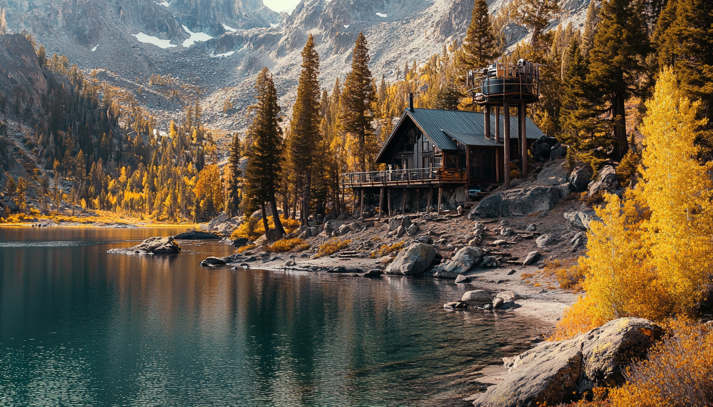 Cozy cabin on alpine lake with science equipment.