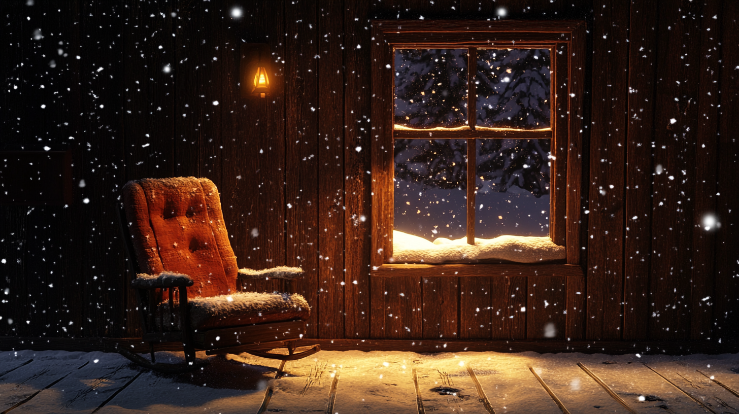 Cozy cabin with armchair by firelight and snow