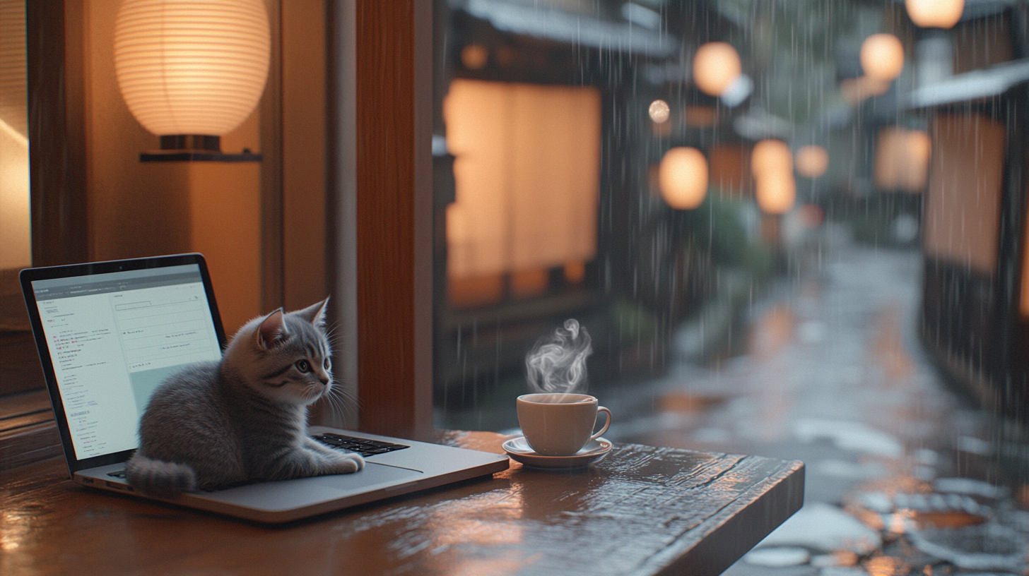 Cozy café in Kyoto with Munchkin cat and laptop.