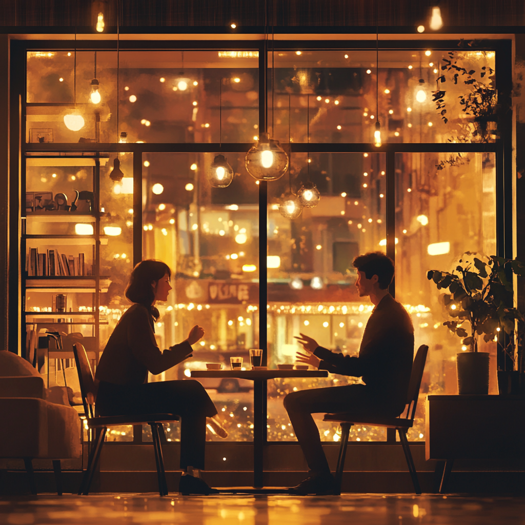 Cozy café setting with two people in conversation.