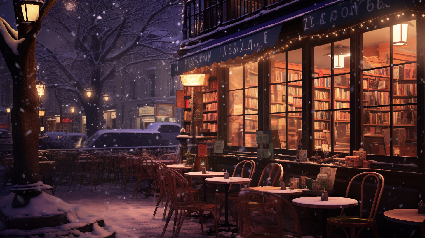 Cozy café with books, candles, snow, twinkling lights.