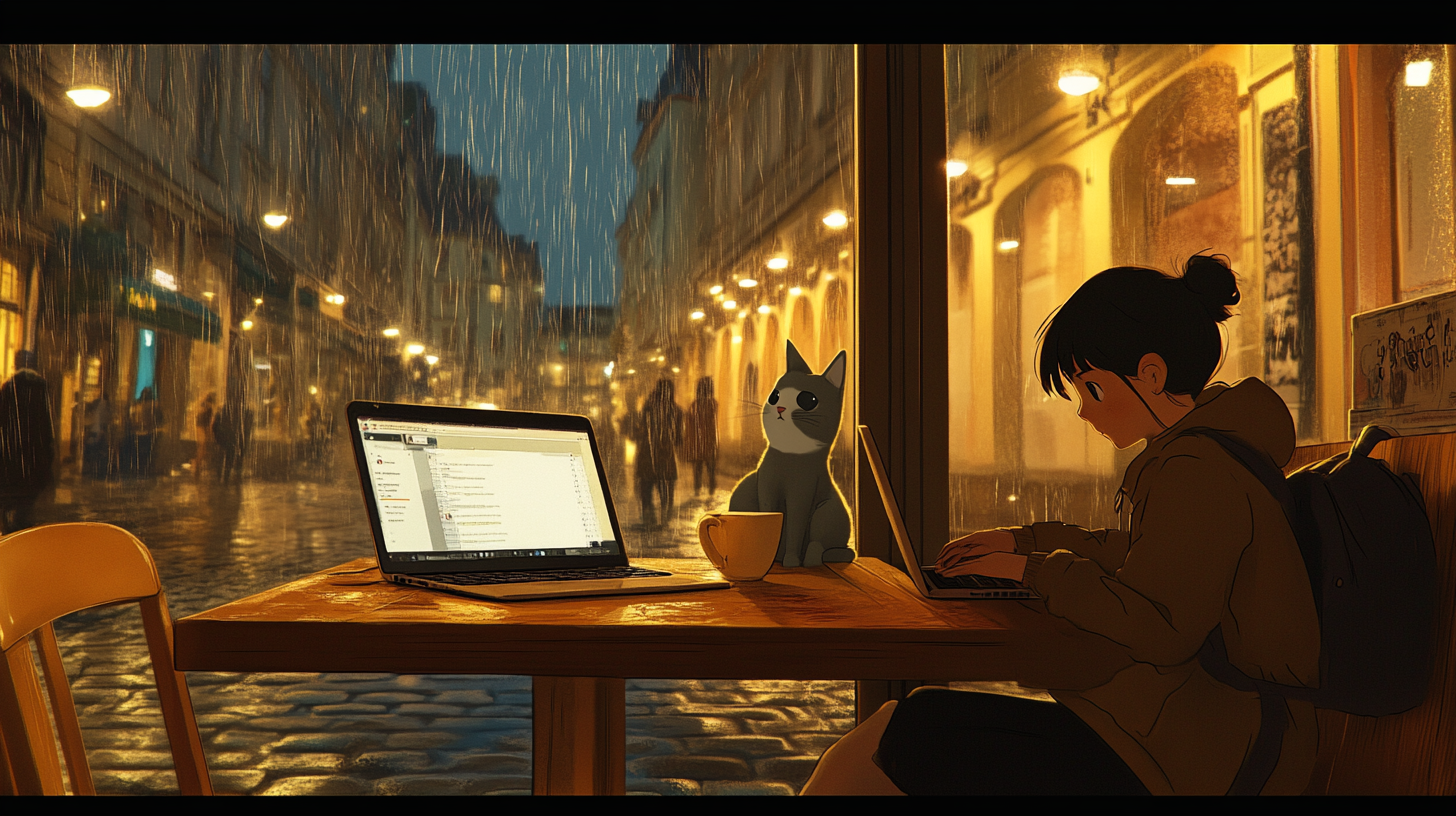 Cozy café with rainy day view, cute cat companion.