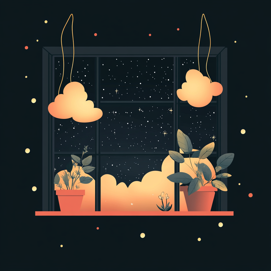 Cozy cartoon design with warm tones, abstract clouds and plants.