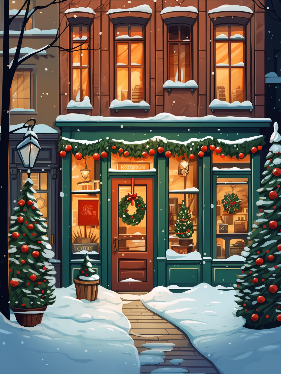 Cozy chocolate shop with snowy Christmas decor.