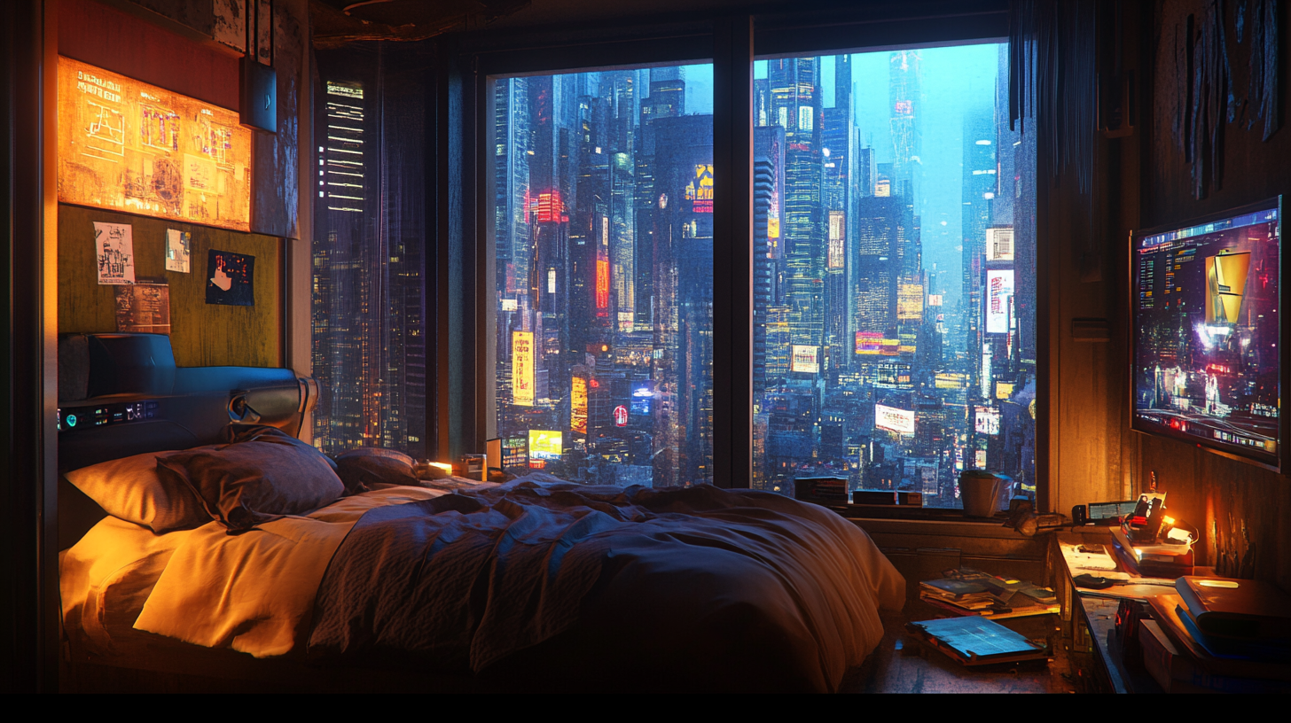 Cozy compact bedroom with cyberpunk city view outside window.