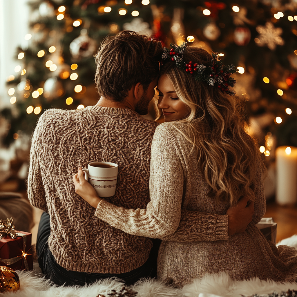 Cozy couple holding mugs by fireplace in Christmas setting