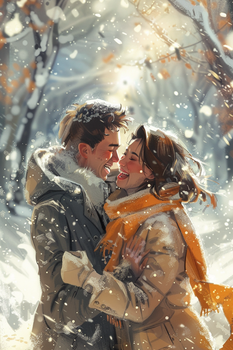 Cozy couple walk in snowy park, playing and laughing.