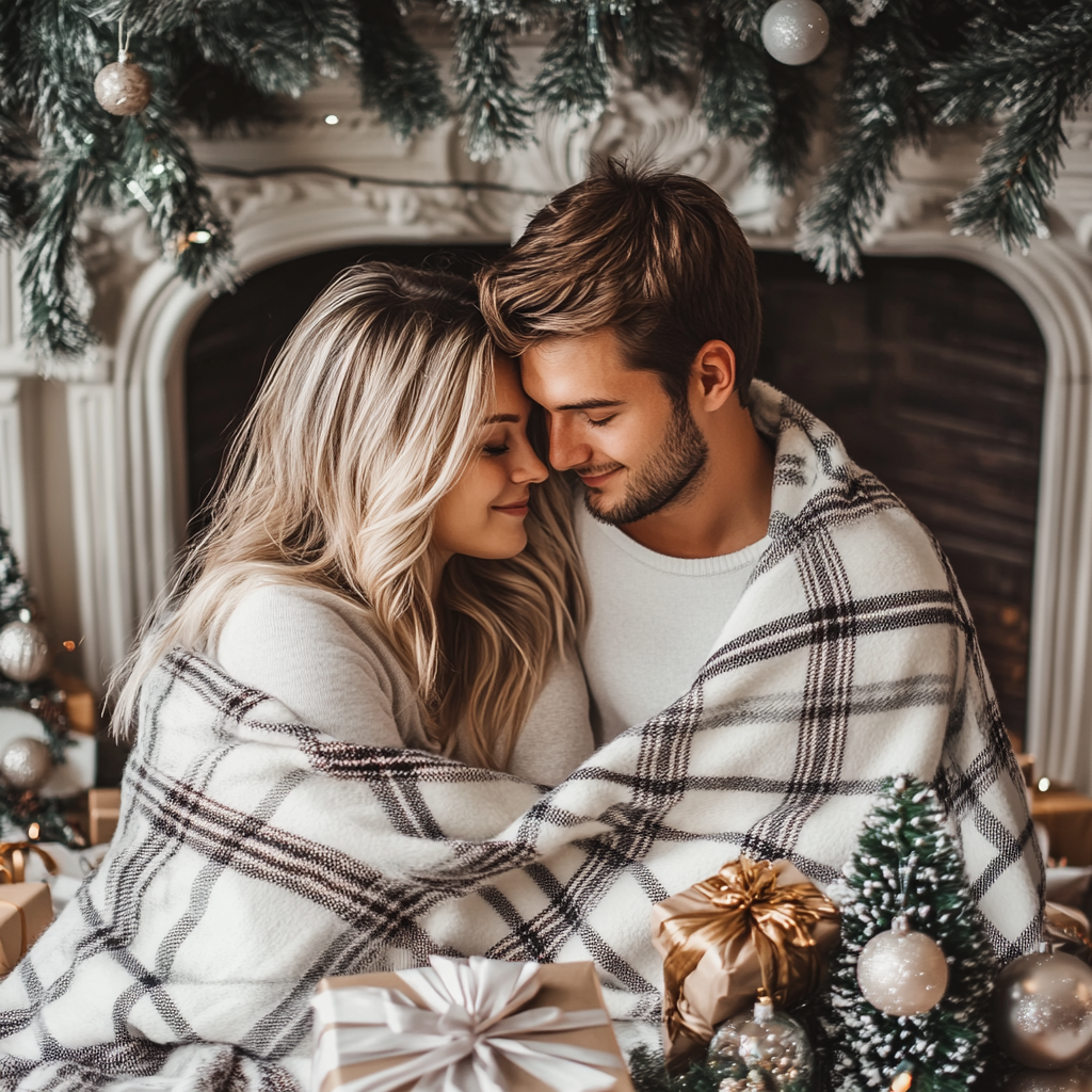 Cozy couple wrapped in plaid blanket by fireplace at Christmas