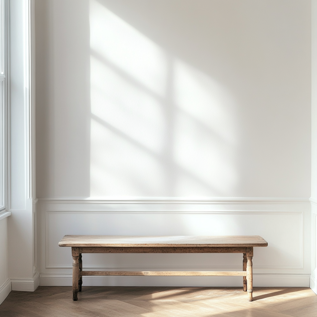 Cozy dining room scene with inviting white wall backdrop.