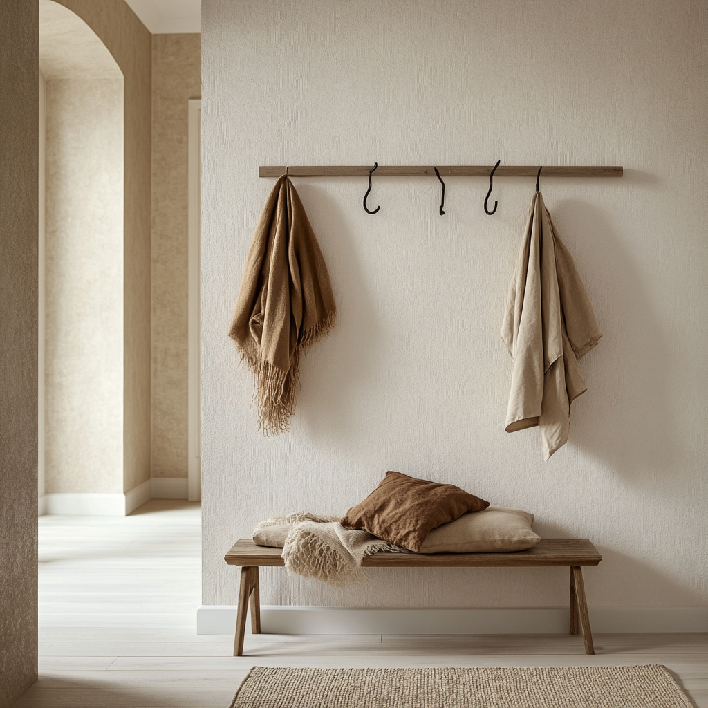 Cozy entryway with white wall, coat rack, scarf.