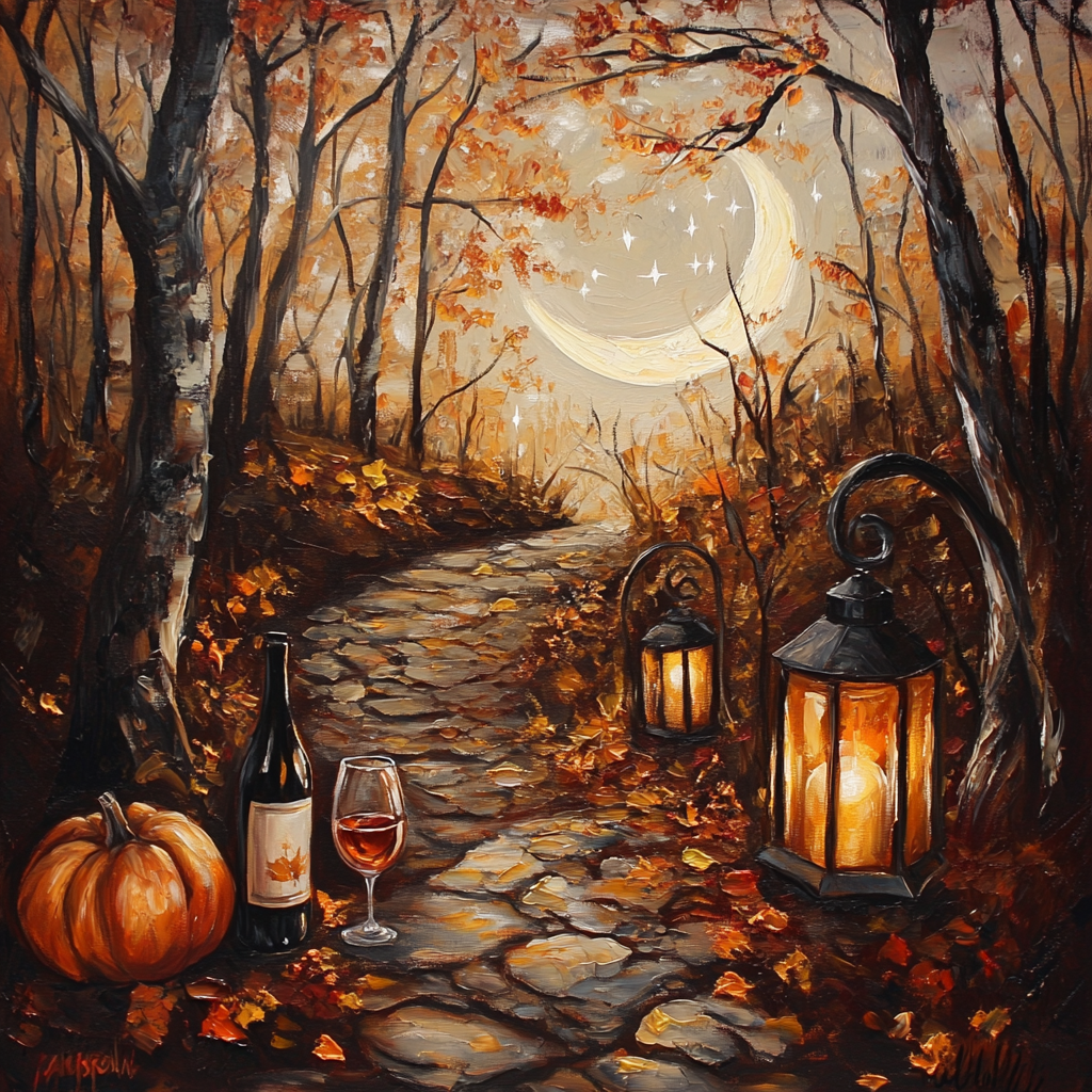 Cozy fall painting in woods with lanterns, pumpkins.