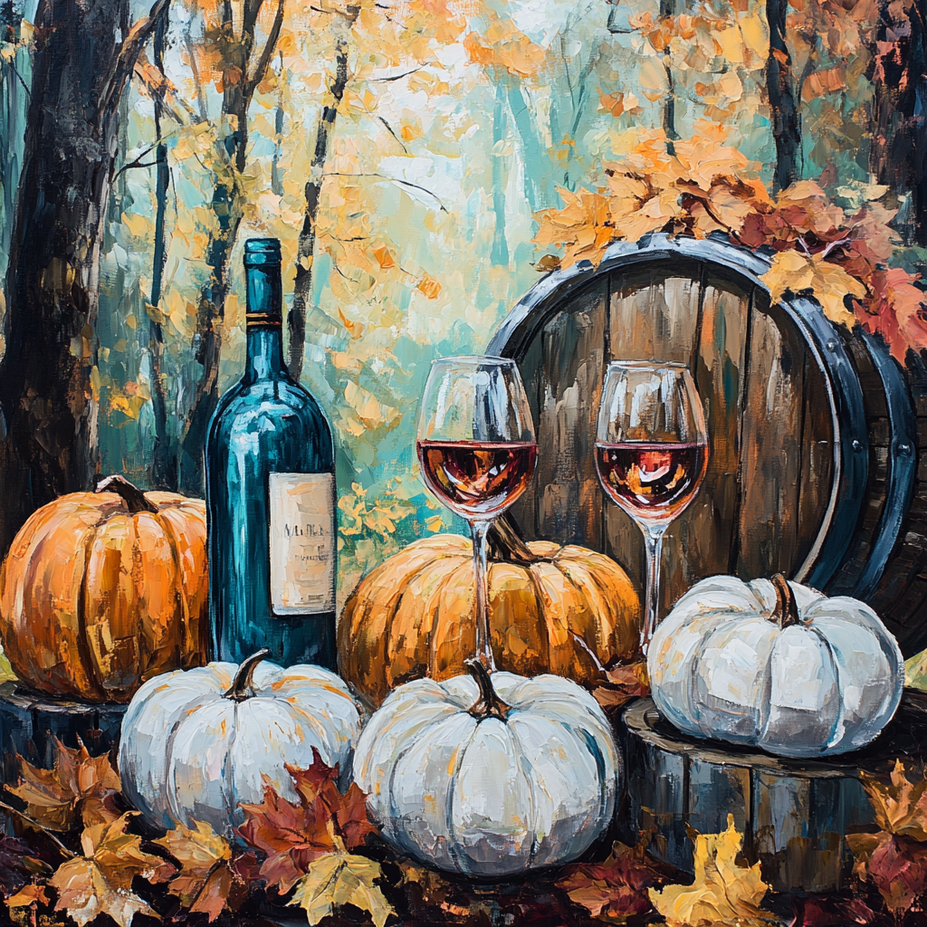 Cozy fall painting with pumpkins, wine, forest setting.