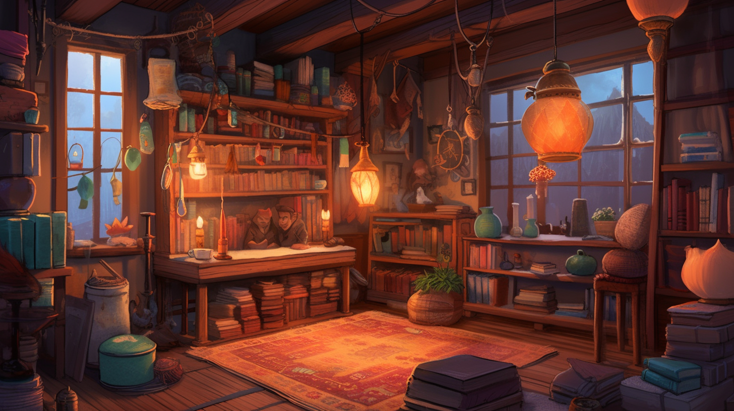 Cozy fantasy studio with whimsical art supplies