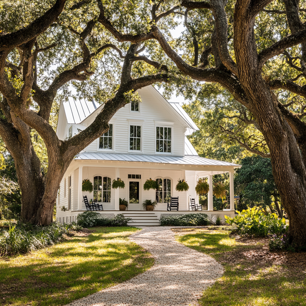 Cozy farmhouse with metal roof, tall windows, porch.