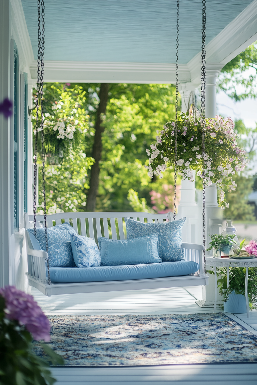 Cozy front porch swing with white cushions outdoors.