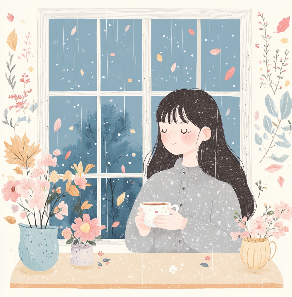 Cozy girl in pajamas drinking tea by rainy window