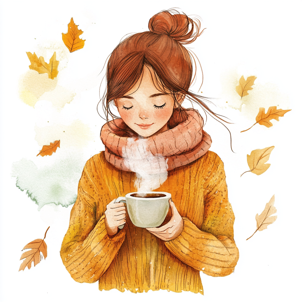 Cozy girl with coffee in fall setting painting.