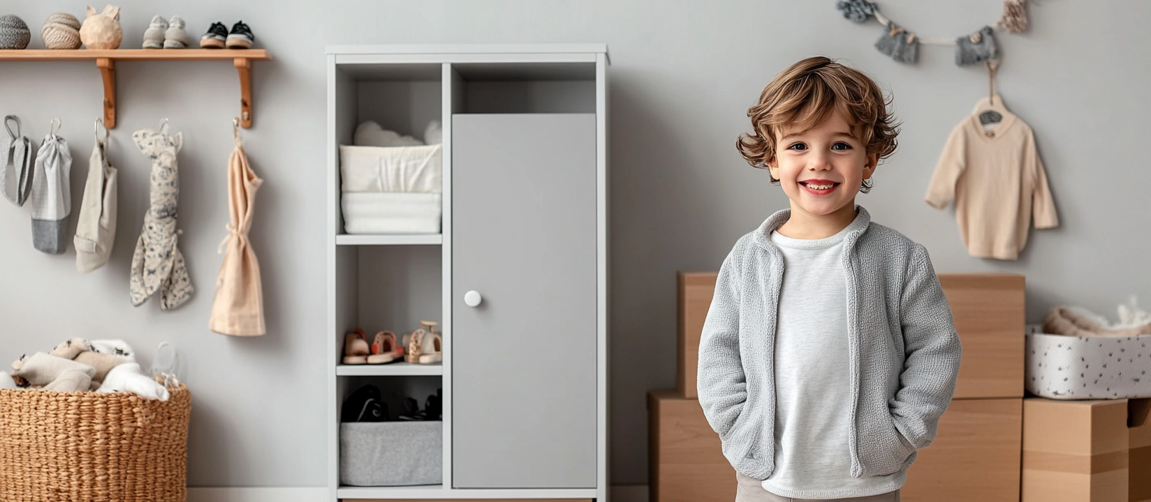 Cozy kid's fashion corner with shelves and cabinet.