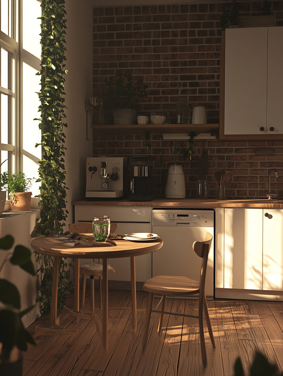 Cozy kitchen at night with dining table and plants