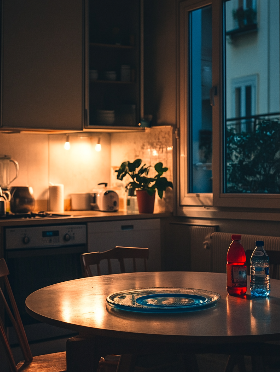 Cozy kitchen in apartment with round table at night