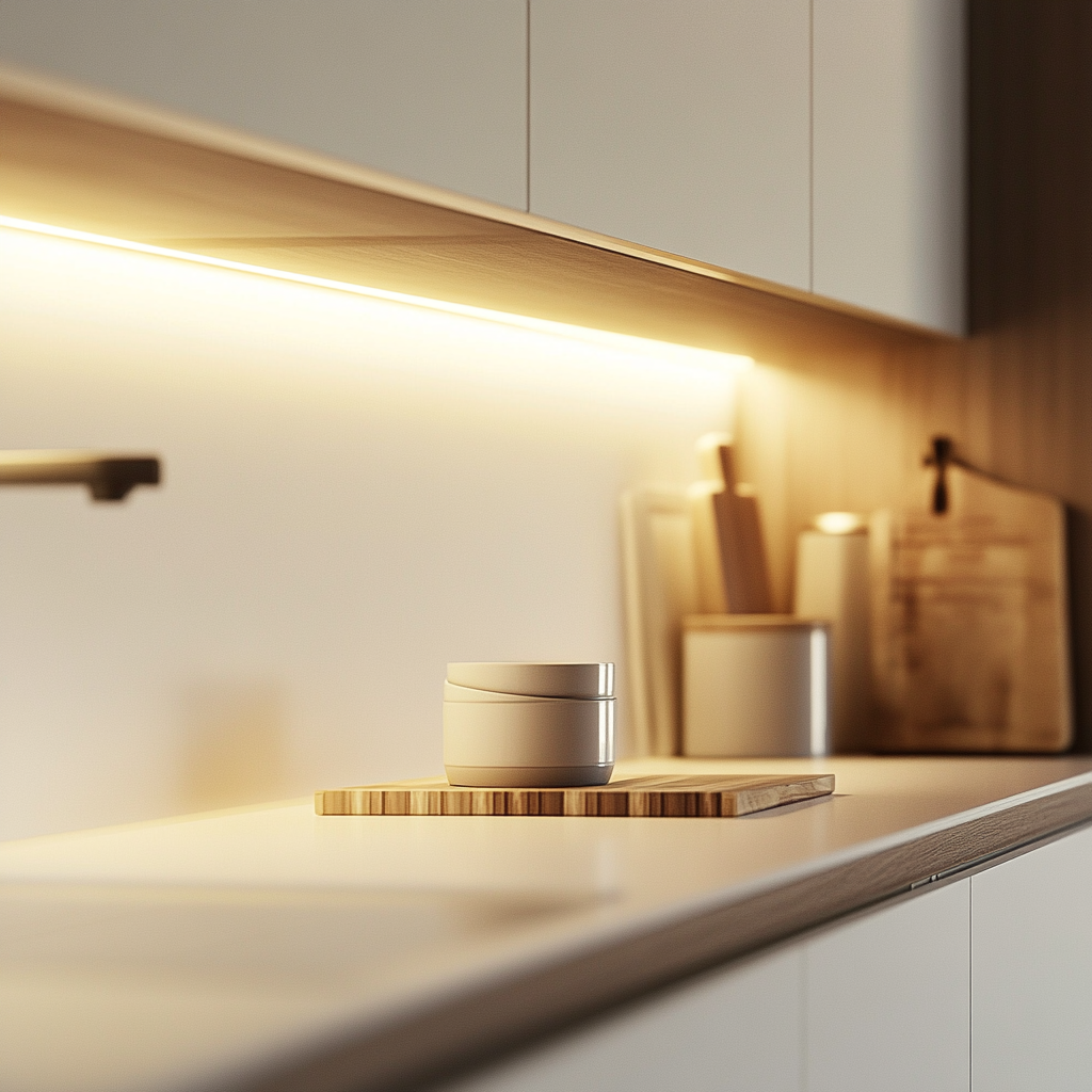 Cozy kitchen scene with white wall and wooden rack.