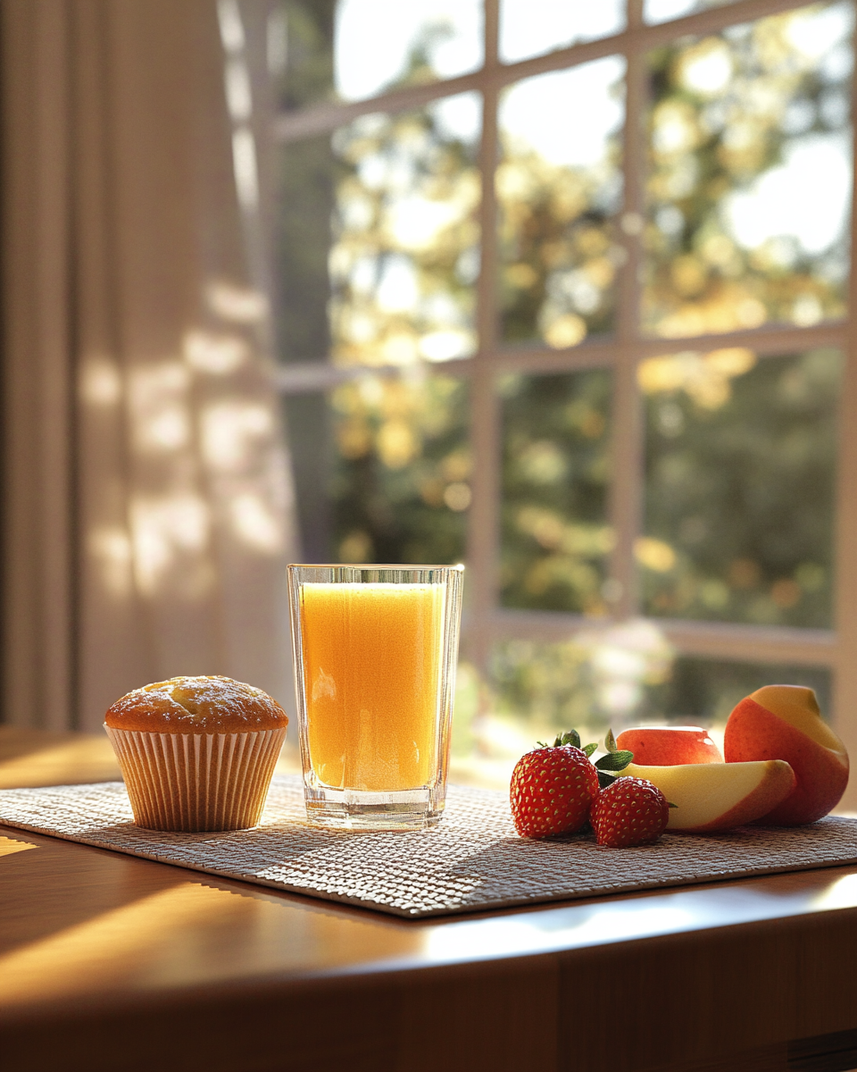 Cozy kitchen table with morning light, glass of juice.