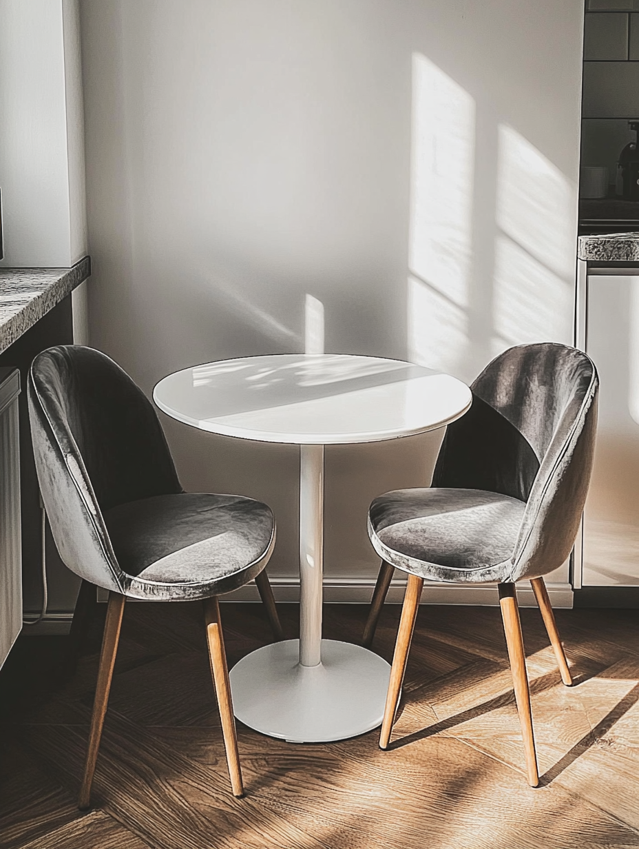 Cozy kitchen with round table and velvet chairs