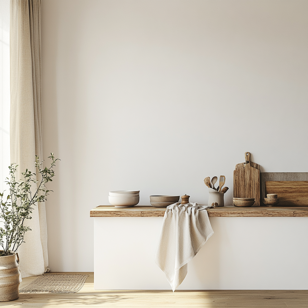 Cozy kitchen with smooth white wall, wooden shelf.