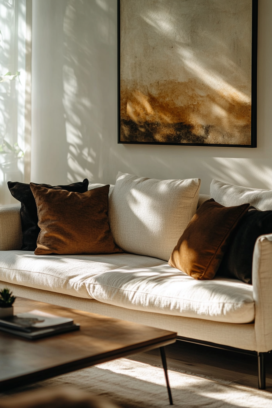 Cozy living room with beige sofa in sunlight