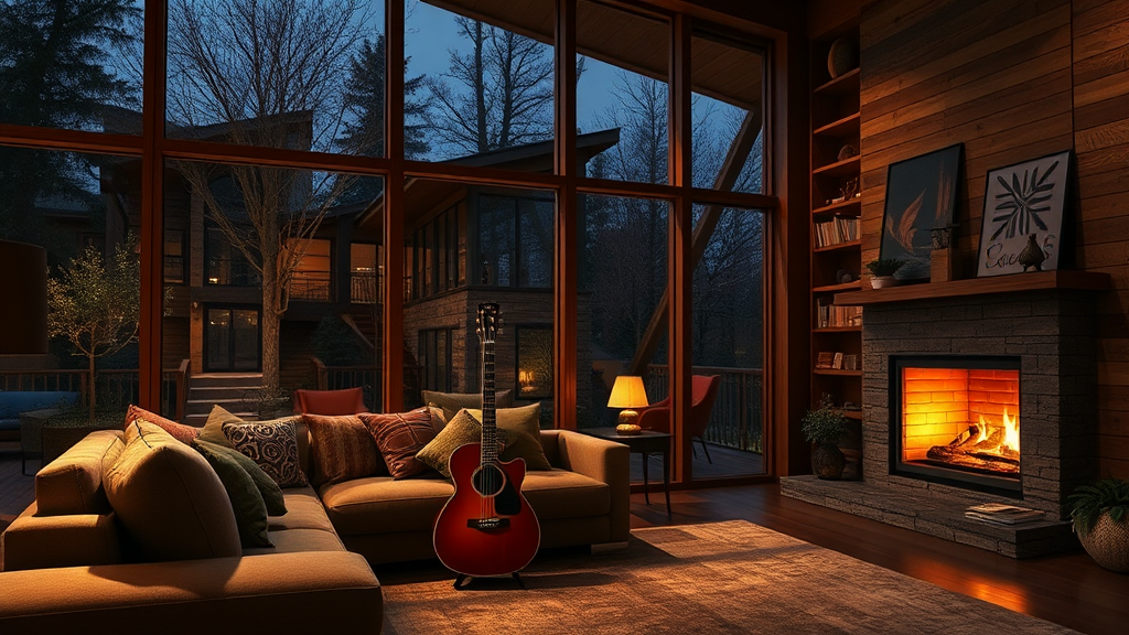 Cozy living room with fireplace, guitar, big windows.