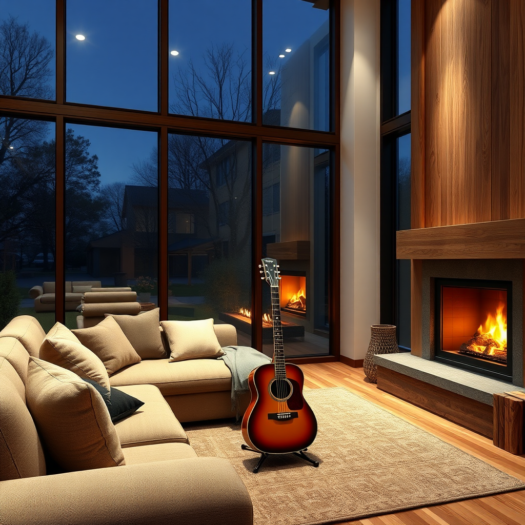 Cozy living room with fireplace, sofa, guitar at night.