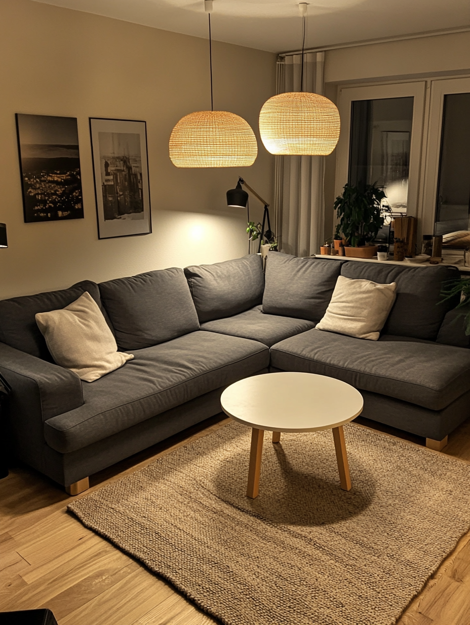 Cozy living room with large sofa and table