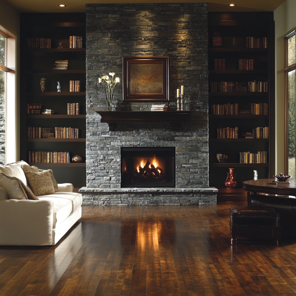 Cozy living room with stone fireplace and dark shelves.